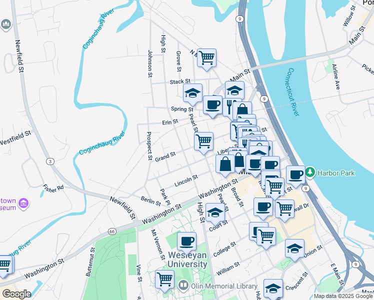 map of restaurants, bars, coffee shops, grocery stores, and more near 107 Grand Street in Middletown