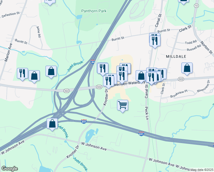 map of restaurants, bars, coffee shops, grocery stores, and more near 1850 Meriden-Waterbury Turnpike in Cheshire