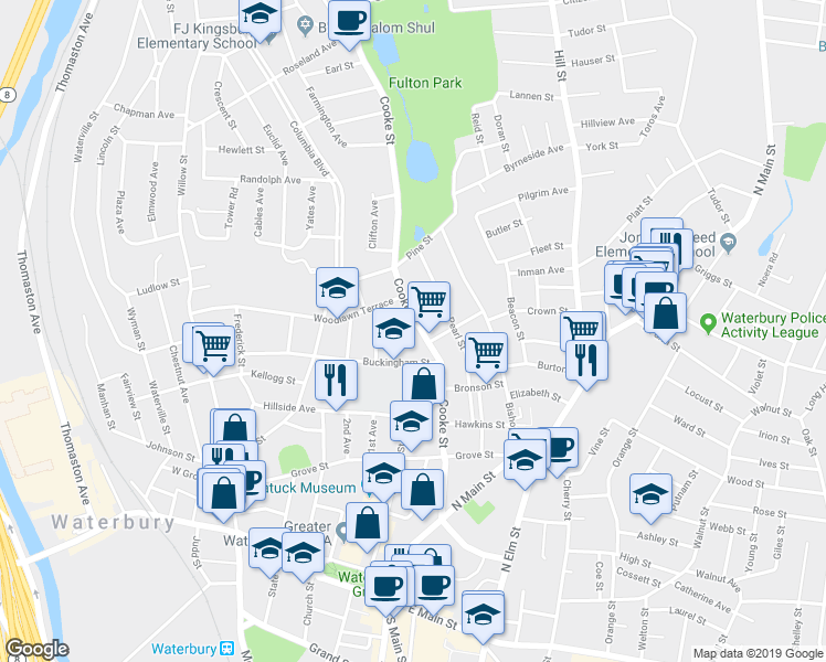 map of restaurants, bars, coffee shops, grocery stores, and more near 197 Cooke Street in Waterbury