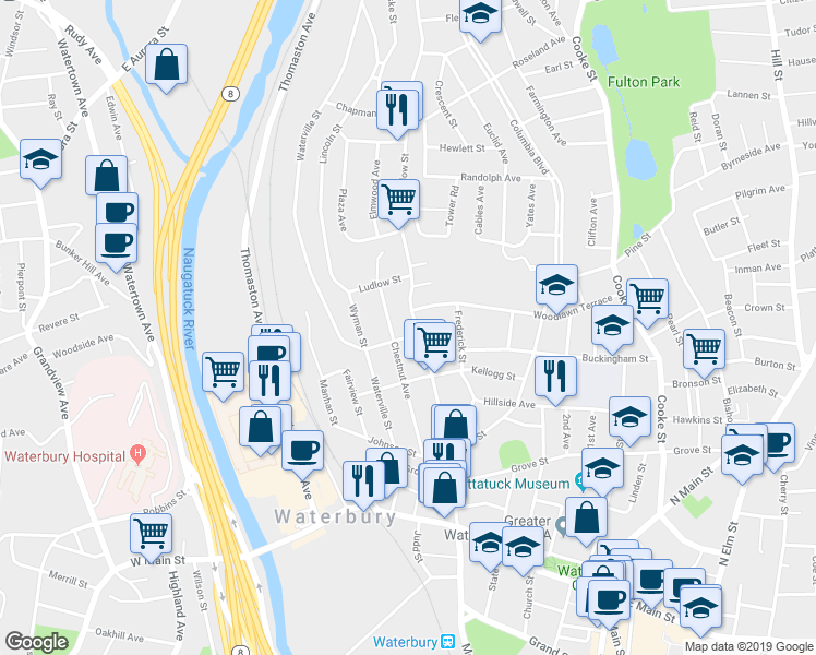 map of restaurants, bars, coffee shops, grocery stores, and more near 215 Willow Street in Waterbury