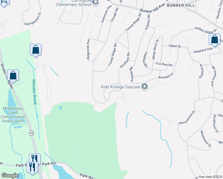 map of restaurants, bars, coffee shops, grocery stores, and more near 27 Pinecrest Drive in Waterbury