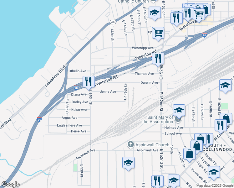 map of restaurants, bars, coffee shops, grocery stores, and more near 14318 Jenne Avenue in Cleveland