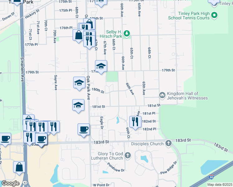 map of restaurants, bars, coffee shops, grocery stores, and more near 6635 180th Street in Tinley Park