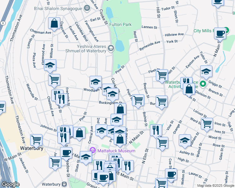 map of restaurants, bars, coffee shops, grocery stores, and more near 209 Cooke Street in Waterbury