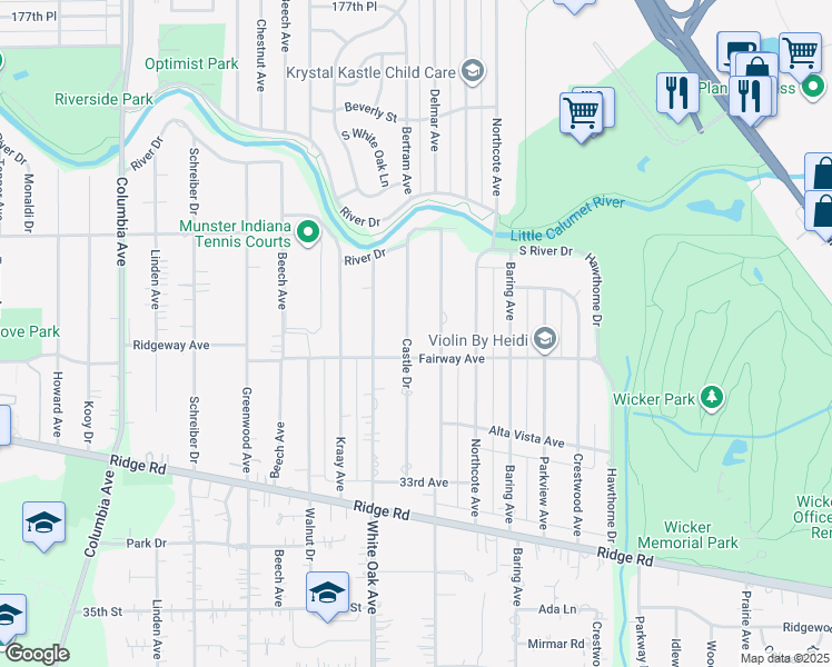 map of restaurants, bars, coffee shops, grocery stores, and more near 8242 Castle Drive in Munster