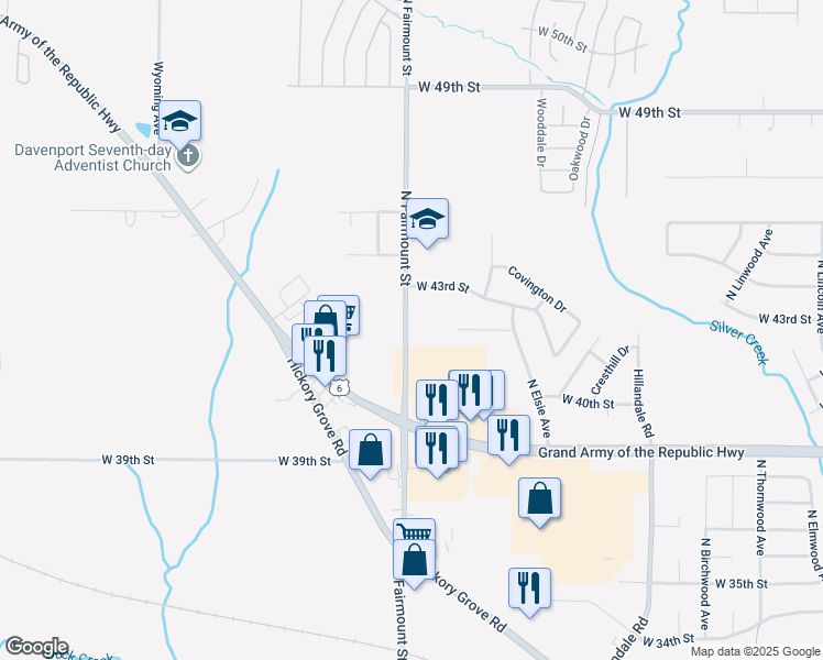map of restaurants, bars, coffee shops, grocery stores, and more near 4123 North Fairmount Street in Davenport