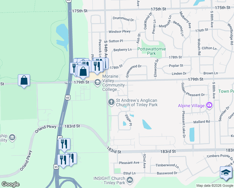 map of restaurants, bars, coffee shops, grocery stores, and more near 9315 Finbar Place in Tinley Park