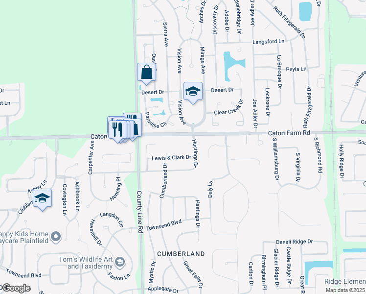 map of restaurants, bars, coffee shops, grocery stores, and more near 6913 Lewis & Clark Drive in Plainfield