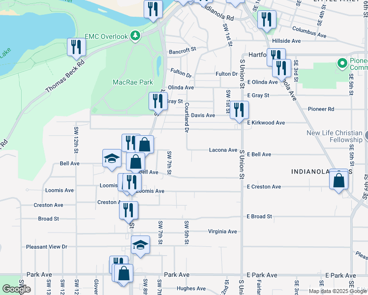 map of restaurants, bars, coffee shops, grocery stores, and more near 2420 Courtland Drive in Des Moines