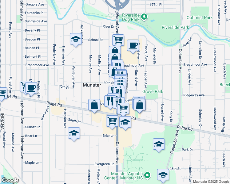 map of restaurants, bars, coffee shops, grocery stores, and more near 8233 Jefferson Ave in Munster