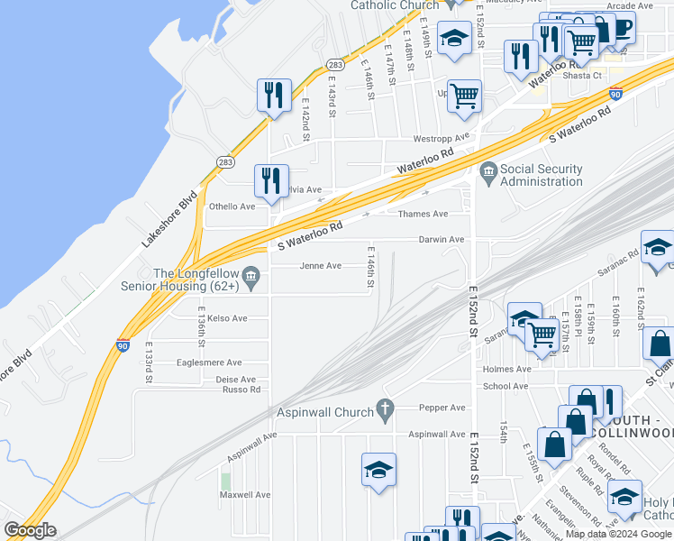 map of restaurants, bars, coffee shops, grocery stores, and more near 14318 Jenne Avenue in Cleveland