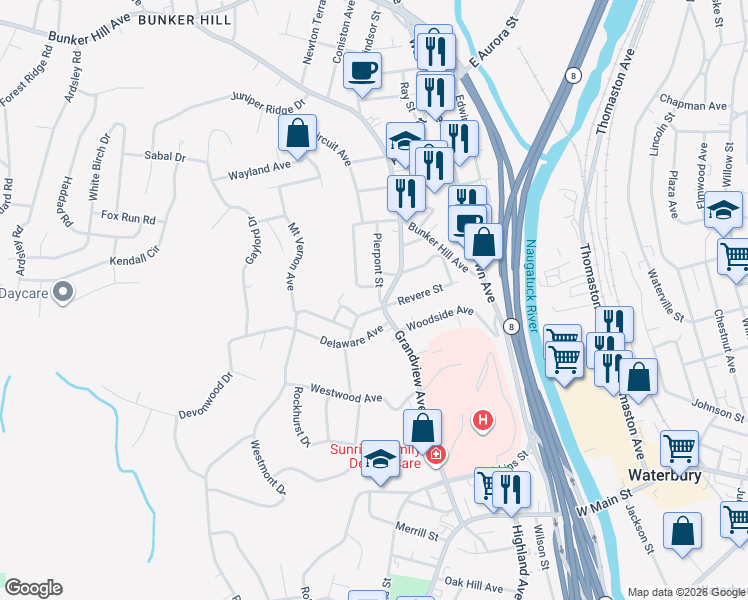 map of restaurants, bars, coffee shops, grocery stores, and more near 93 Revere Street in Waterbury
