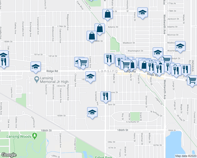 map of restaurants, bars, coffee shops, grocery stores, and more near 18233 Greenbay Avenue Rear in Lansing