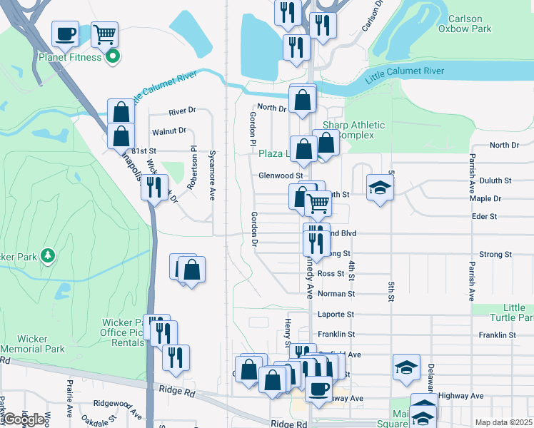 map of restaurants, bars, coffee shops, grocery stores, and more near 8221-8259 Gordon Dr in Highland