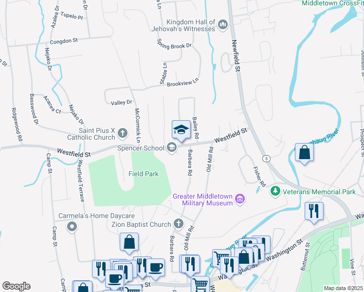 map of restaurants, bars, coffee shops, grocery stores, and more near 207 Westfield Street in Middletown