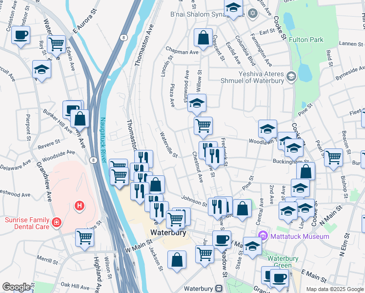 map of restaurants, bars, coffee shops, grocery stores, and more near 12 Wyman Street in Waterbury