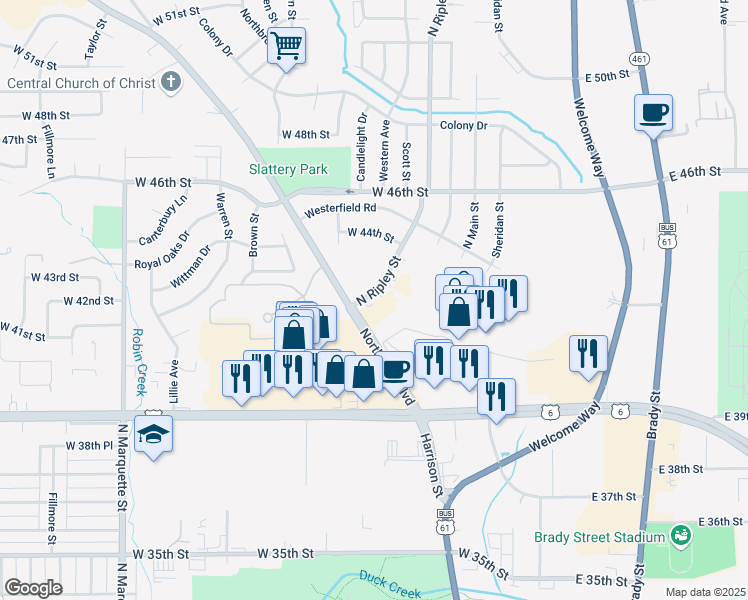map of restaurants, bars, coffee shops, grocery stores, and more near 4217 North Ripley Street in Davenport