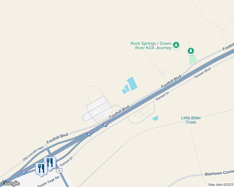 map of restaurants, bars, coffee shops, grocery stores, and more near 181 Foothill Boulevard in Rock Springs