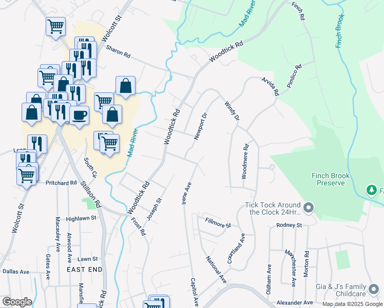 map of restaurants, bars, coffee shops, grocery stores, and more near 61 Ferrone Avenue in Waterbury
