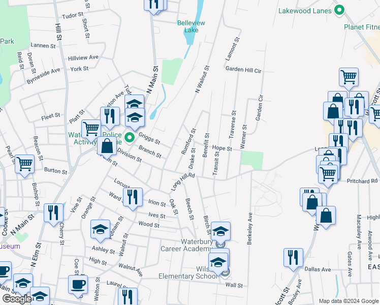 map of restaurants, bars, coffee shops, grocery stores, and more near 49 Drake Street in Waterbury