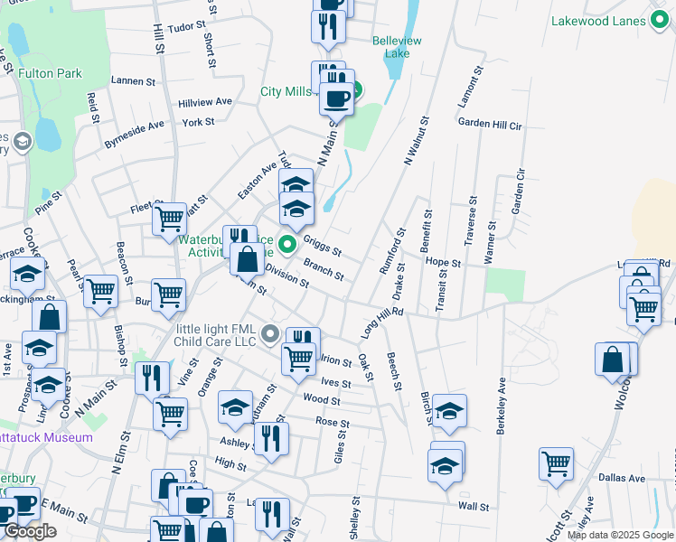 map of restaurants, bars, coffee shops, grocery stores, and more near 56 Branch Street in Waterbury