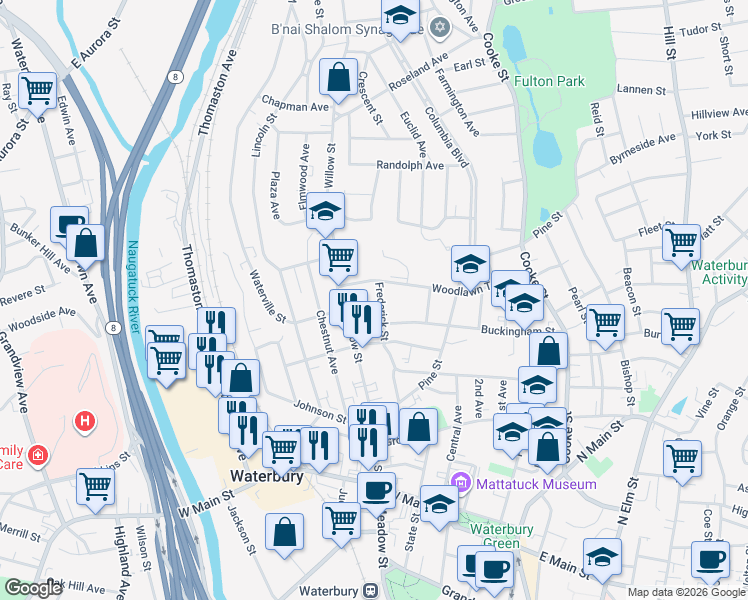 map of restaurants, bars, coffee shops, grocery stores, and more near 11 Ridgewood Street in Waterbury