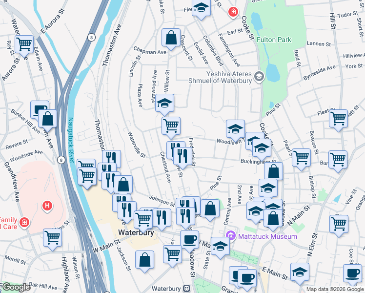 map of restaurants, bars, coffee shops, grocery stores, and more near 11 Ridgewood Street in Waterbury