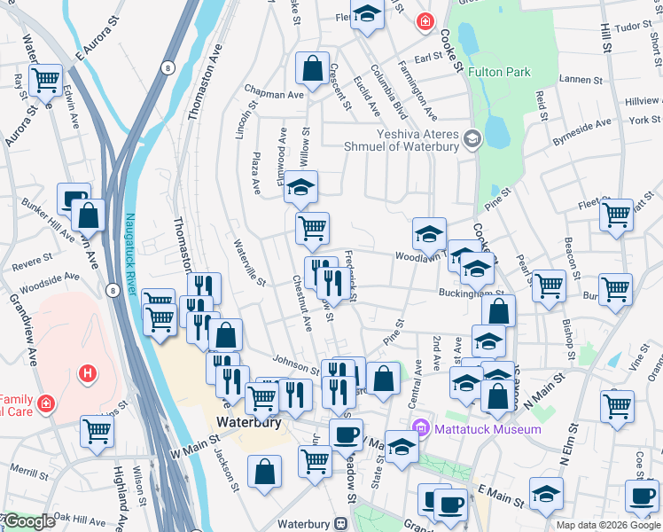 map of restaurants, bars, coffee shops, grocery stores, and more near 11 Ridgewood Street in Waterbury