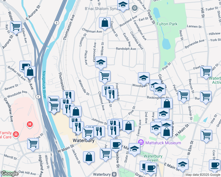 map of restaurants, bars, coffee shops, grocery stores, and more near 11 Ridgewood Street in Waterbury