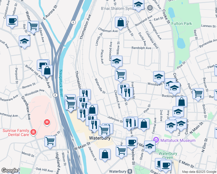 map of restaurants, bars, coffee shops, grocery stores, and more near 12 Wyman Street in Waterbury