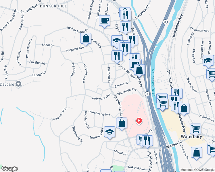 map of restaurants, bars, coffee shops, grocery stores, and more near 93 Revere Street in Waterbury