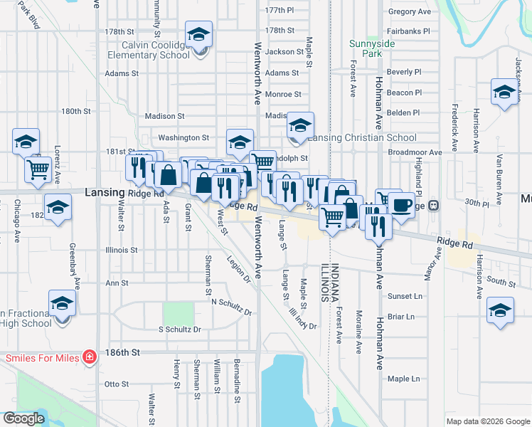 map of restaurants, bars, coffee shops, grocery stores, and more near 18215 Wentworth Avenue in Lansing