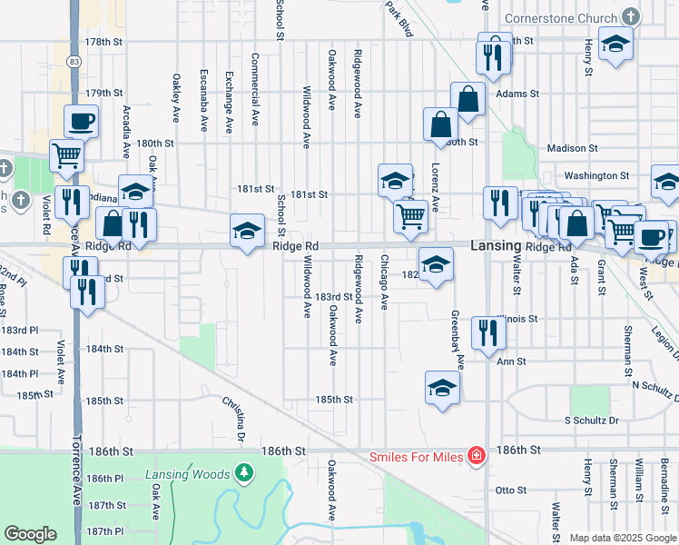 map of restaurants, bars, coffee shops, grocery stores, and more near 18237 Oakwood Avenue in Lansing