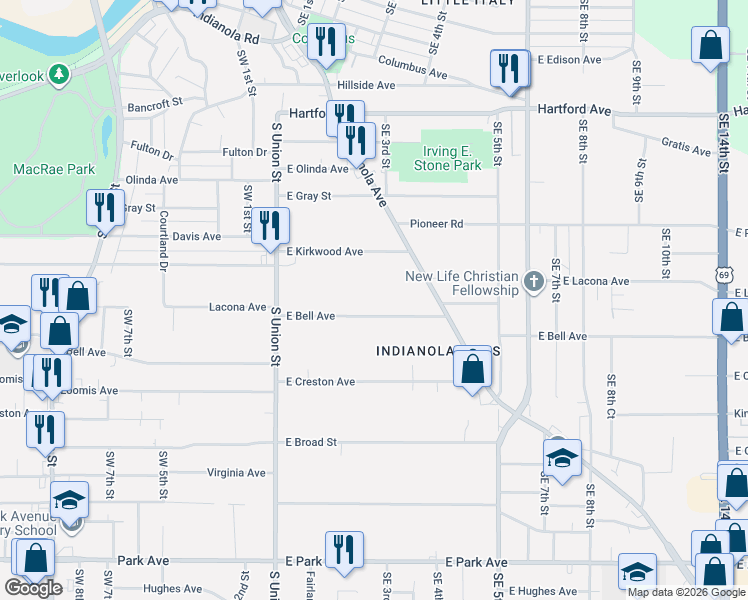 map of restaurants, bars, coffee shops, grocery stores, and more near 226 East Bell Avenue in Des Moines