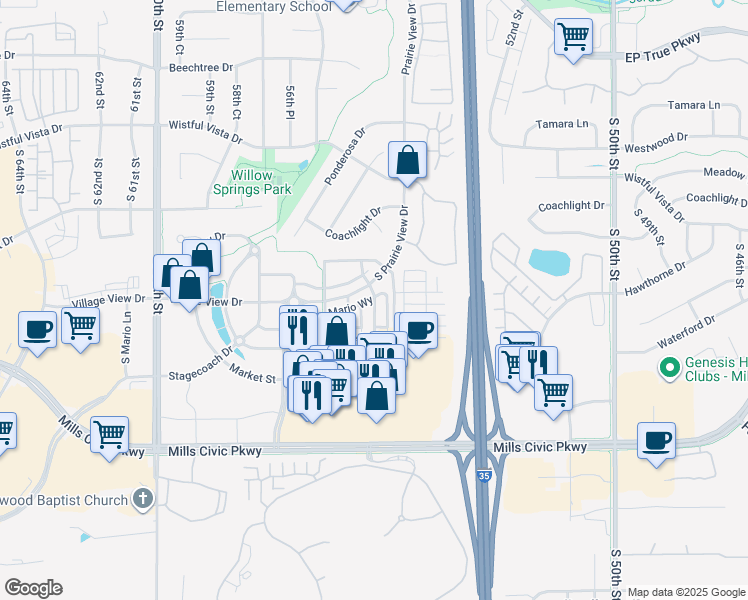 map of restaurants, bars, coffee shops, grocery stores, and more near South Bluestone Way in West Des Moines