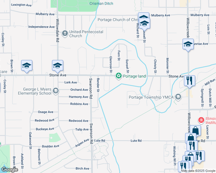 map of restaurants, bars, coffee shops, grocery stores, and more near 3042 Wood Street in Portage