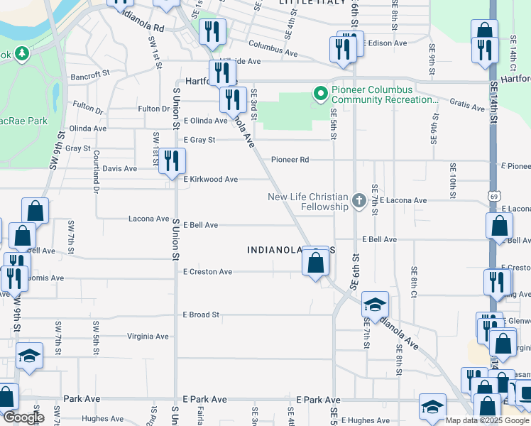 map of restaurants, bars, coffee shops, grocery stores, and more near 316 East Bell Avenue in Des Moines