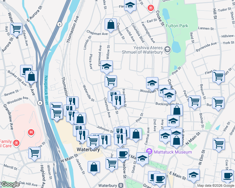 map of restaurants, bars, coffee shops, grocery stores, and more near 11 Ridgewood Street in Waterbury