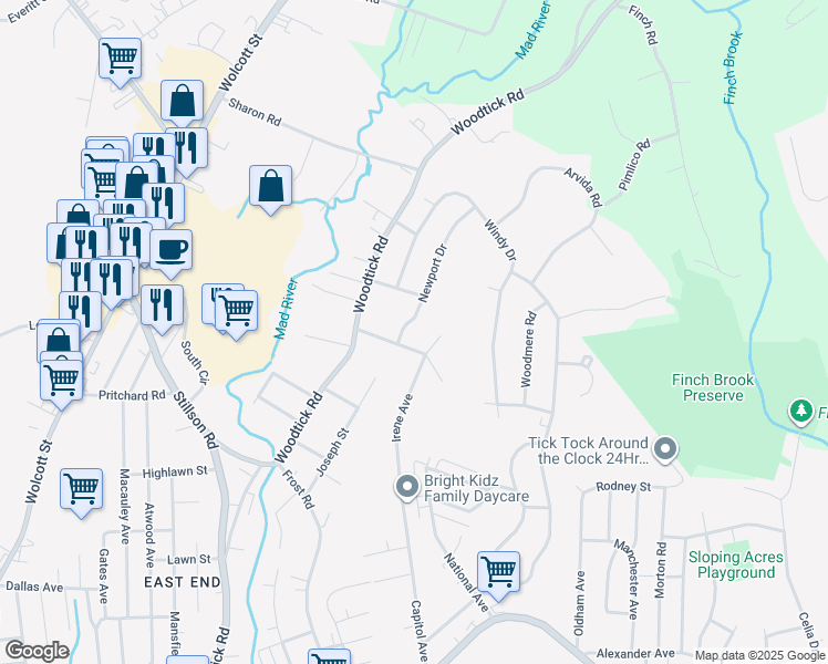 map of restaurants, bars, coffee shops, grocery stores, and more near 61 Ferrone Avenue in Waterbury
