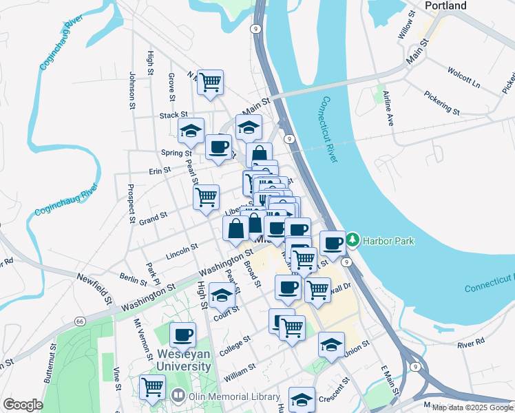 map of restaurants, bars, coffee shops, grocery stores, and more near 575 Main Street in Middletown