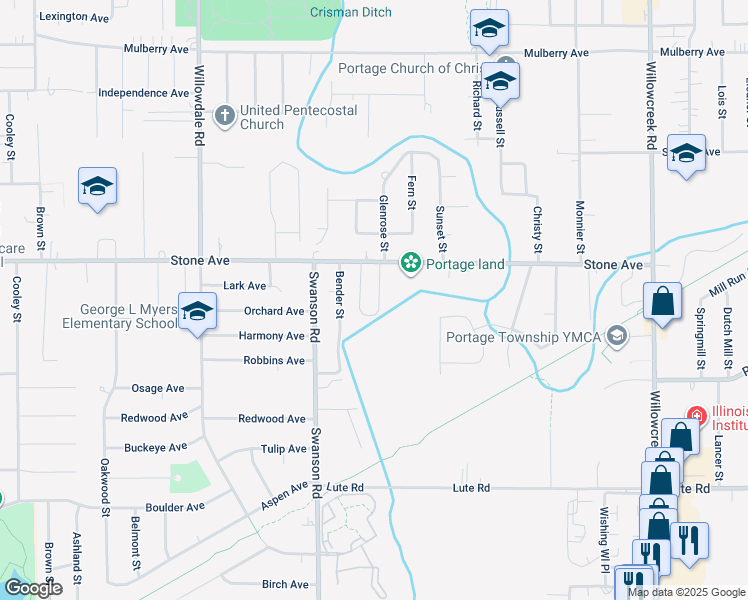map of restaurants, bars, coffee shops, grocery stores, and more near 3042 Wood Street in Portage