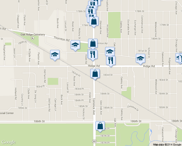 map of restaurants, bars, coffee shops, grocery stores, and more near 18230 Torrence Avenue in Lansing