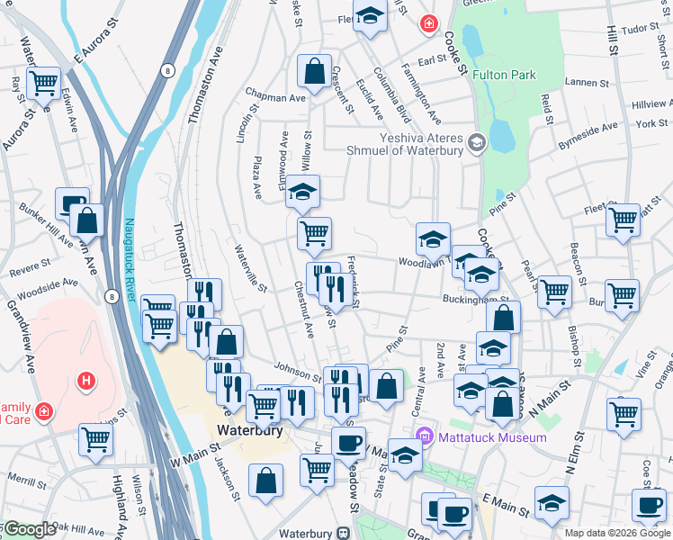 map of restaurants, bars, coffee shops, grocery stores, and more near 11 Ridgewood Street in Waterbury