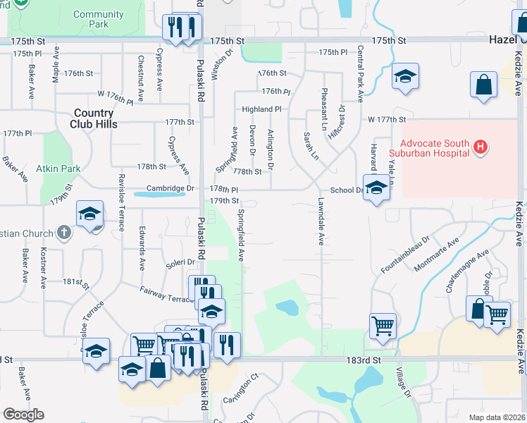 map of restaurants, bars, coffee shops, grocery stores, and more near 17911 Springfield Avenue in Homewood