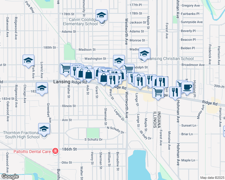 map of restaurants, bars, coffee shops, grocery stores, and more near 18300 Central Avenue in Lansing