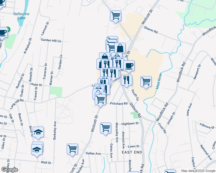 map of restaurants, bars, coffee shops, grocery stores, and more near 800 Wolcott Street in Waterbury
