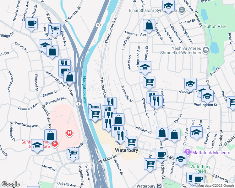 map of restaurants, bars, coffee shops, grocery stores, and more near 150 Manhan Street in Waterbury