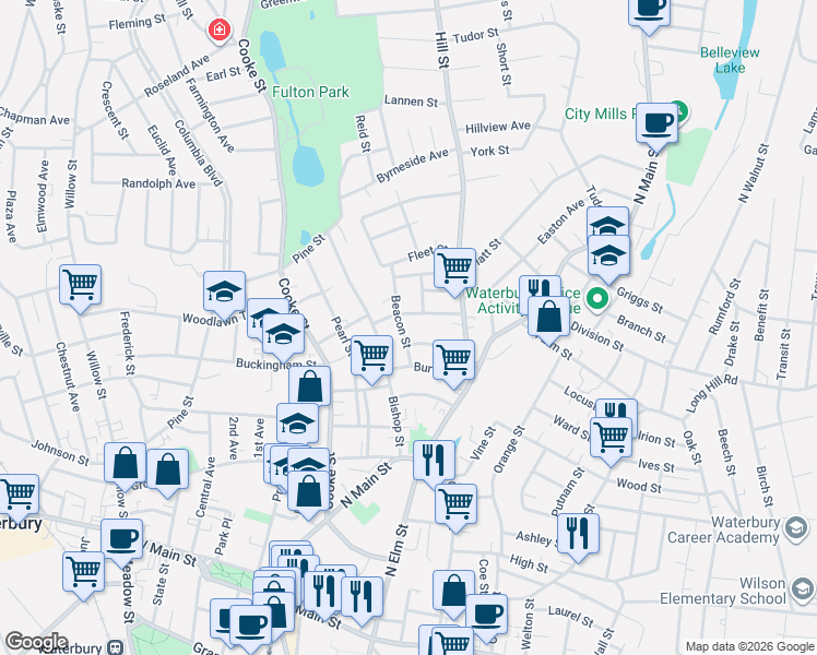 map of restaurants, bars, coffee shops, grocery stores, and more near 50 Summer Street in Waterbury