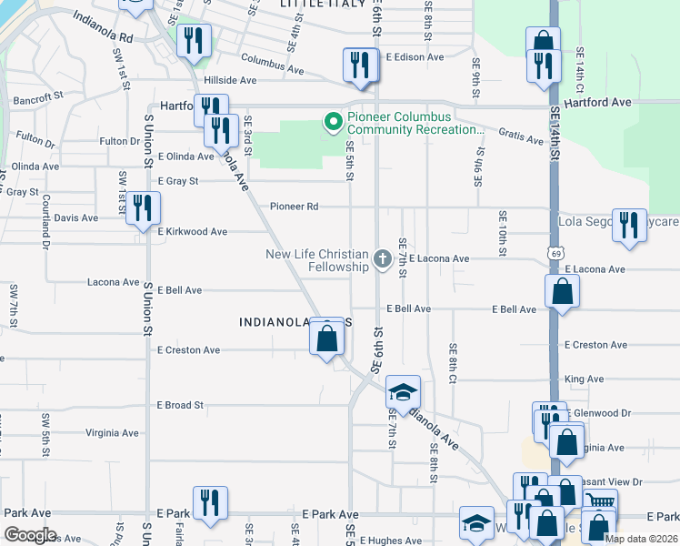 map of restaurants, bars, coffee shops, grocery stores, and more near 2420 Southeast 5th Street in Des Moines