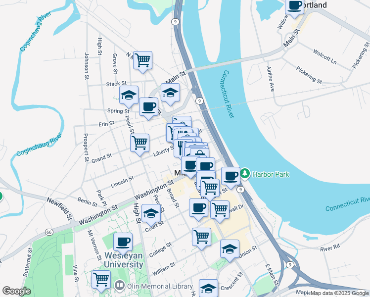 map of restaurants, bars, coffee shops, grocery stores, and more near 73 Ferry Street in Middletown